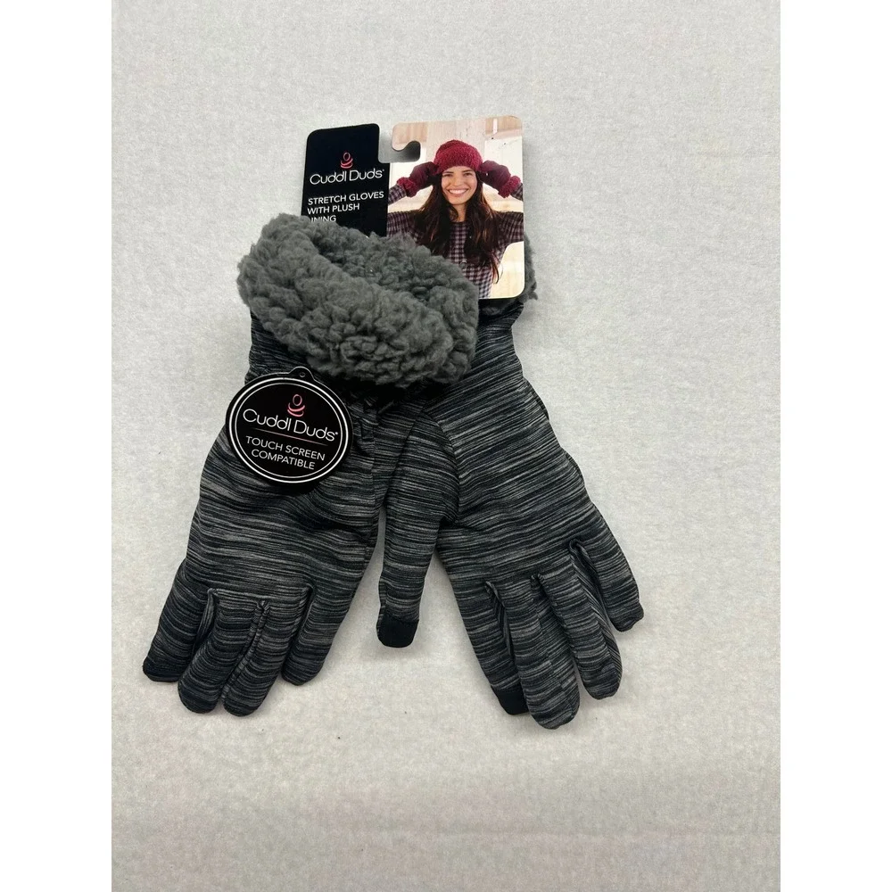 Cuddl Duds Womens Stretch Gloves Plush Lining Touch Screen Black Gray Space Dye